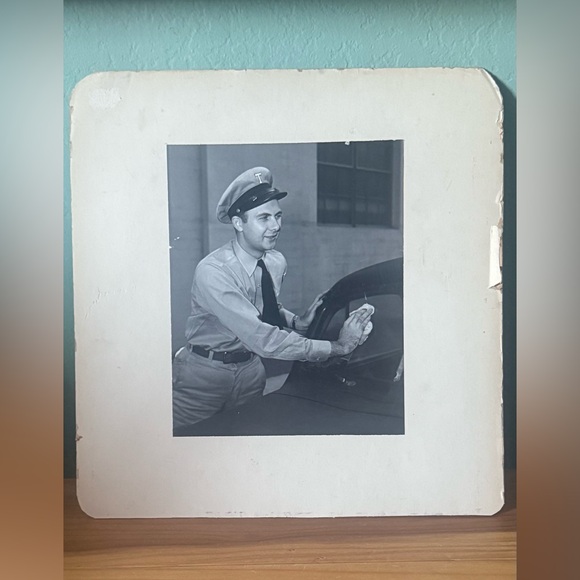 1946 Vintage Photography Art Center School Uniformed Man Cleaning Car 7.5x9.5”